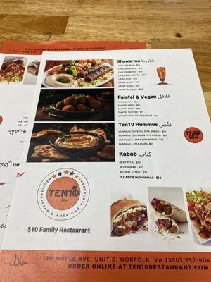 Food is amazing. Service exceptional If you love falafel and Shawarma Ten10 is the place to go! M-Sat 10 am to 9pm Sun 11am to 8 pm