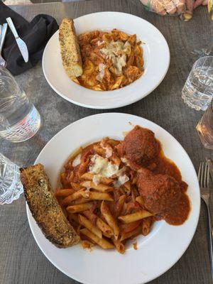 Penne Abruzzi (bottom) Local Chicken Tortellini Alla Vodka (top)