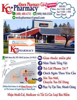 KC Pharmacy, trớc là nhà thuốc aborn, 2060 đờng Aborn, góc đờng Capitol Exp,gần nhà hàng Red Lobster San Jose