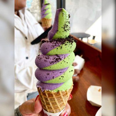 Ube and matcha swirl soft serve