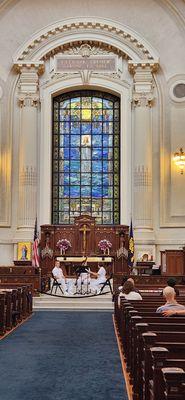 Front of chapel with Tiffany window