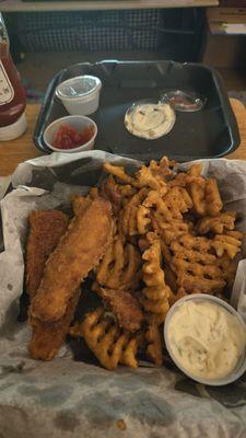 Upsetting that the fish taste like rubber and the Waffle fries are burnt not satisfied at all. They should be shamed