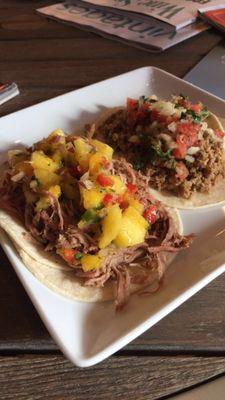 Street Tacos on Opening Day. Pulled Pork with pineapple mango salsa and Ground Turkey with Pico de Gallo.