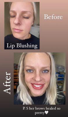 Previous "Powder Brow" Client who wanted some lip blushing done. Her brows healed beautifully (before touchup) and her lips looked gorgeous!