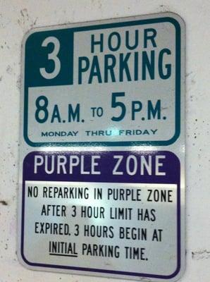 3 hour parking during business hours and open 24 hours.