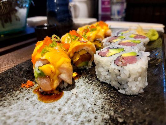 Pepper tuna avocado roll (right) Big Kahuna roll (left)