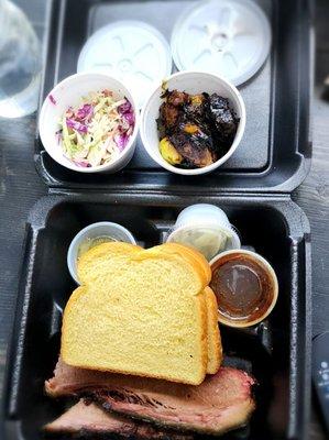 Brisket slices with coleslaw & brussel sprouts