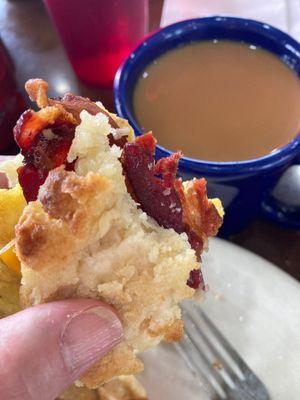 Egg, bacon and cheese biscuit and coffee