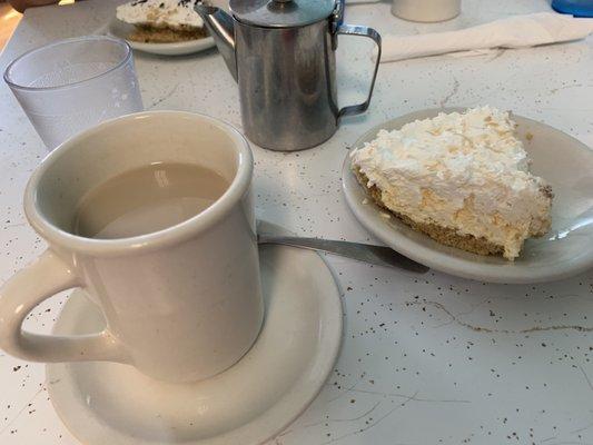 Coconut cream pie and hot tea.