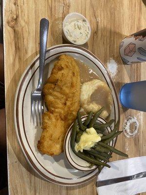 Homemade green beans, mashed potato's and beer battered halibut