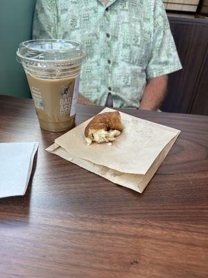 Husband's fancy drink and his donut