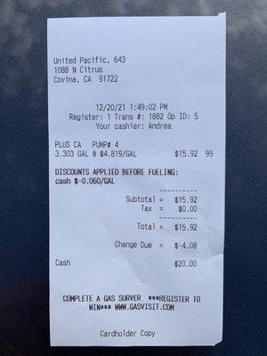 Here's the receipt that she slammed on the counter.