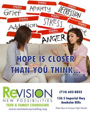 Hope is closer than you think. At ReVision, we want to give families and teens the hope and skills to healthier lives.