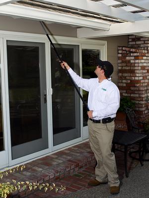 We clear the spider webs and wasp nests on the first, AND second story eaves each time we visit your home.