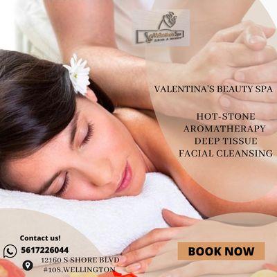 Valentina's beauty spa has massage therapy professionals available to book in Wellington FL. 
Contact us to check availability