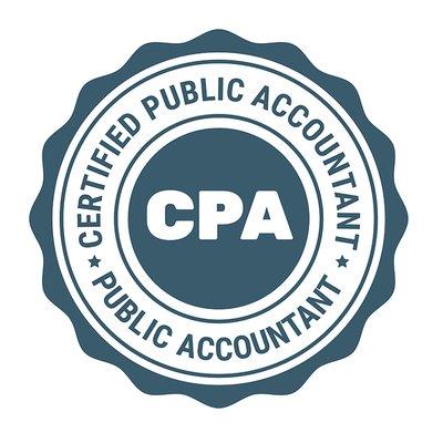 CPA logo with bold white text inside a teal circular seal design, surrounded by 'Certified Public Accountant' and stars for emphasis.