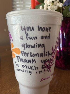 The cashier was really helpful and after I left I noticed this nice note that she wrote!