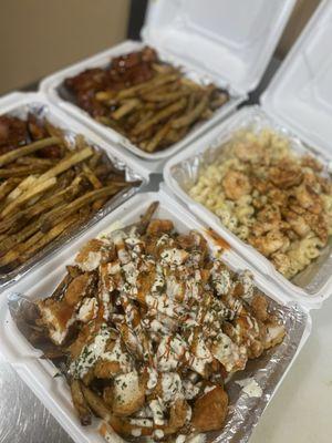 Tips & Fries, Shrimp & Chicken Alfredo, Buffalo Chicken Fry