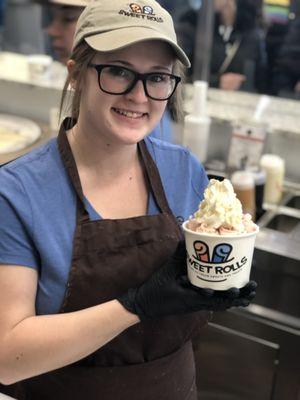Every completed rolled ice cream is served with a smile.