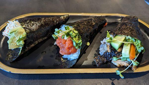 L R...California roll, spicy tuna roll, and salmon skin roll.