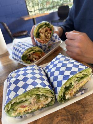 Spinach wrap with tuna and a fried egg and spinach wrap with chicken