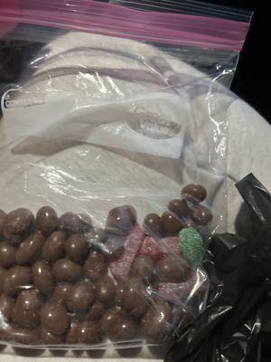 Raisinettes and sour patch kids