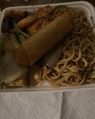 Steak, Shrimp, and noodles + a egg roll