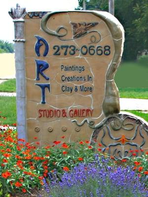 Hand made stoneware sign I made for my business ART!