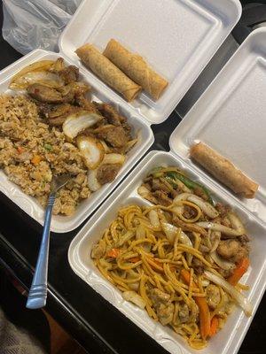 Mongolia beef, Chicken fried rice, Eggroll Chicken Lo Mein, Salt and Pepper Chicken, Eggroll