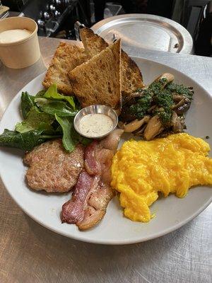 Mushrooms & Eggs with Bacon & Sausage add-on. Sourced from some of the best farmers in California.