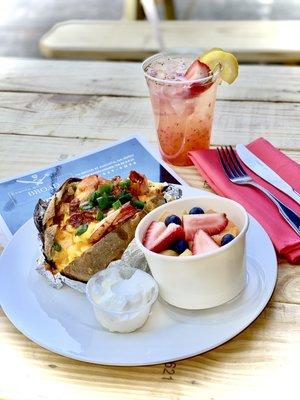 Fully Loaded Baked Potato with Shrimp and Strawberry Basil Lemonade