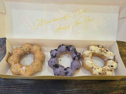 Passion Fruit, Blueberry Oreo, and White Chip Mochi Donuts