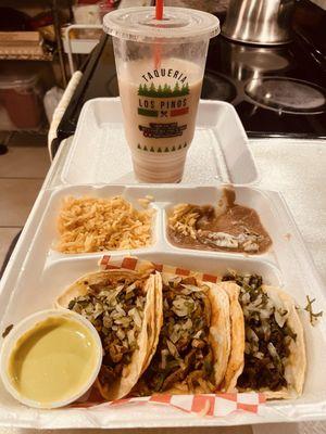 Tacos Al Pastor Plate to Go with a Orchata Drink!