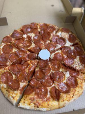Large double pepperoni pizza.