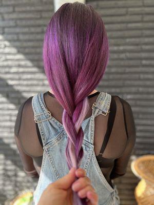 Vivids! Purple and lavender hair, braid, one length haircut. Creative hair color, vivid hair