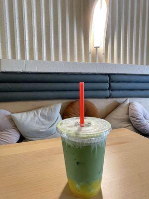 ORDINARY PLEASURE Mango Sticky rice flavored Matcha Latte with a Salted Coconut Foam