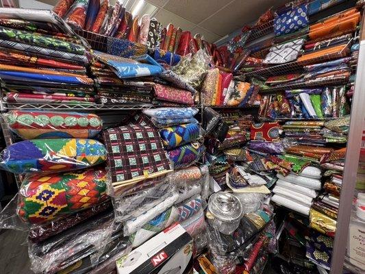 African wax print fabrics, lots of Vlisco in dozens and dozens of patterns.