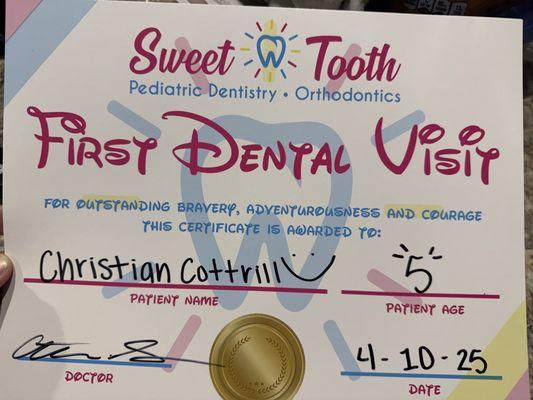 First dentist visit certificate
