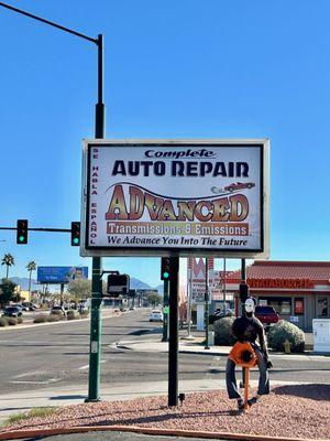 You know its us by our friendly mechanic sitting on a transmission right on the corner of Bell and 29th St.