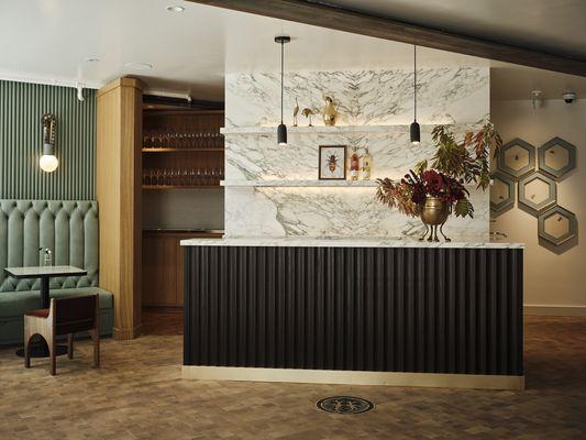 Wine tasting bar, banquette seating, oak serve station shelves and cabinets. San Francisco, CA
Design; Studio Heimat