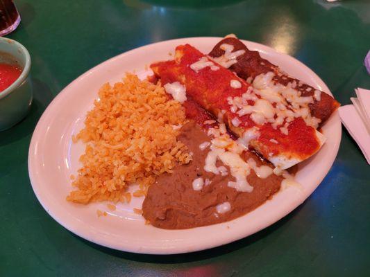 #2 combo. Shredded beef burrito, chicken enchilada, rice, beans