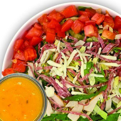 Italian Arugula Chopped Salad - Julienned Salami & Turkey, Diced Tomatoes, Shredded Moz Cheese, Arugula & Lettuce Mix, Italian Dressing