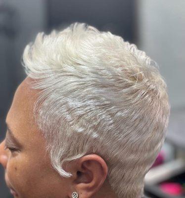 Platinum hair color and pixie cut
