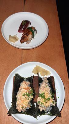 Nigiri: Blue fin akami & unagi. Spicy salmon & spicy tuna hand rolls