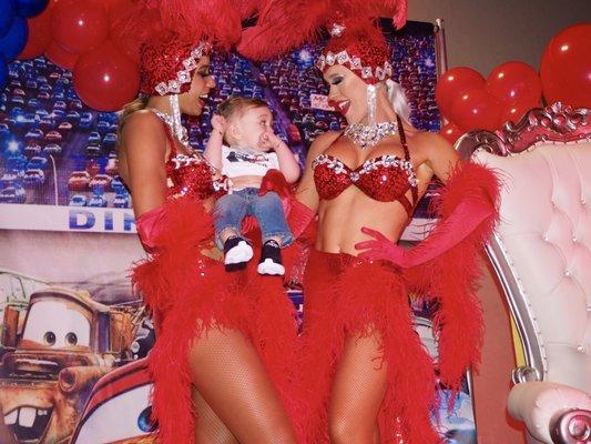 Legend Entertainment Showgirls in Red Costume for a client's birthday party in Las Vegas