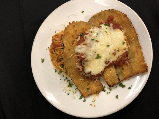 Eggplant Parmesan with spaghetti pomodoro