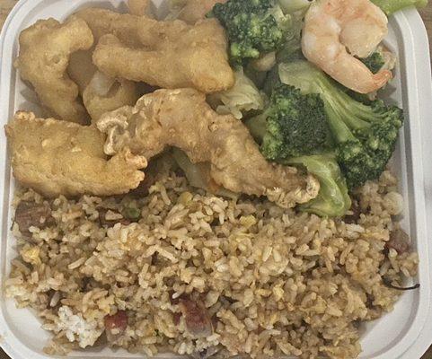 Fried Rice with Salt & Pepper Fish and Shrimp with Veg.