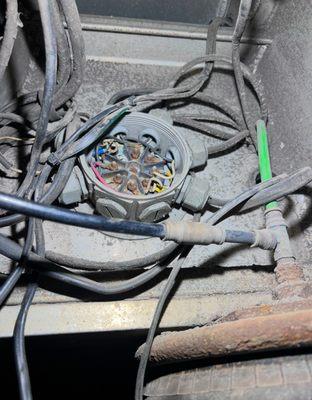 Diagnose inoperable trailer lights. Issue in junction box. Replace junction box pictured with new and rewire trailer to repair