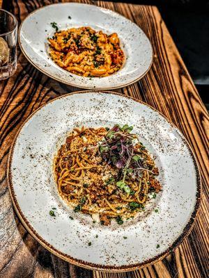 Duck confit Bolognese and shrimp vodka cavatelli