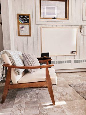 View photos of our calming therapy office, thoughtfully designed to support mental wellness and a safe, comfortable environment.